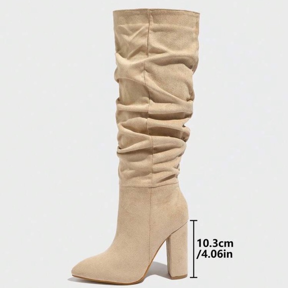 Women's Pointed Toe Ruched Chunky High Heel Slip On Fashion Boots, - Picture 4 of 4